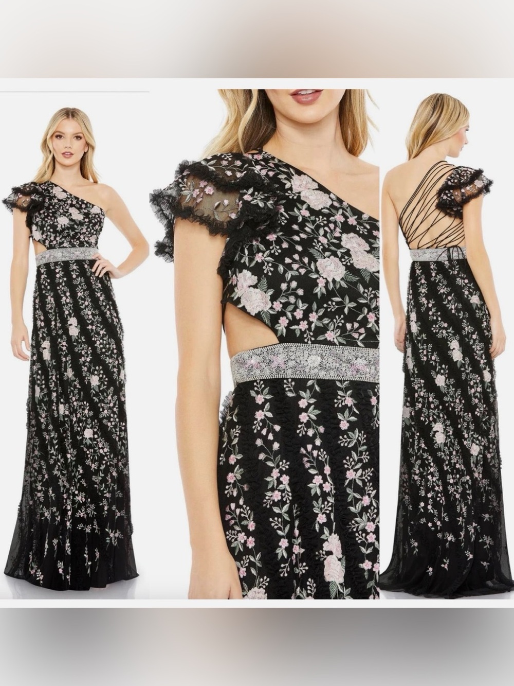 Mac Duggal Embroidered Ruffled One Shoulder Lace Up Maxi Gown Black Multi Floral